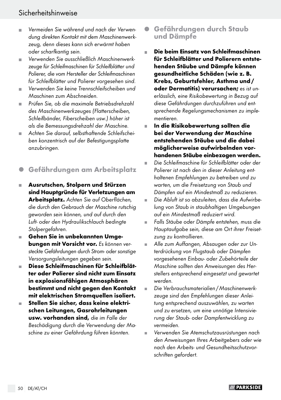 Sicherheitshinweise, Gefährdungen am arbeitsplatz, Gefährdungen durch staub und dämpfe | Parkside PDEXS 150 A1 User Manual | Page 50 / 56