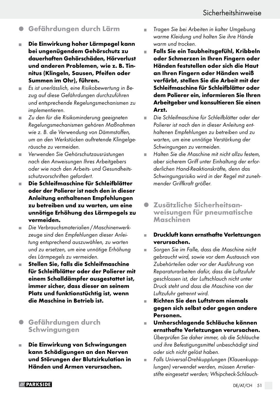 Sicherheitshinweise, Gefährdungen durch lärm, Gefährdungen durch schwingungen | Parkside PDEXS 150 A1 User Manual | Page 51 / 56