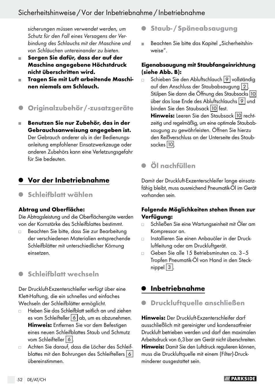 Originalzubehör / -zusatzgeräte, Vor der inbetriebnahme, Schleifblatt wählen | Schleifblatt wechseln, Staub- / späneabsaugung, Öl nachfüllen, Inbetriebnahme, Druckluftquelle anschließen | Parkside PDEXS 150 A1 User Manual | Page 52 / 56