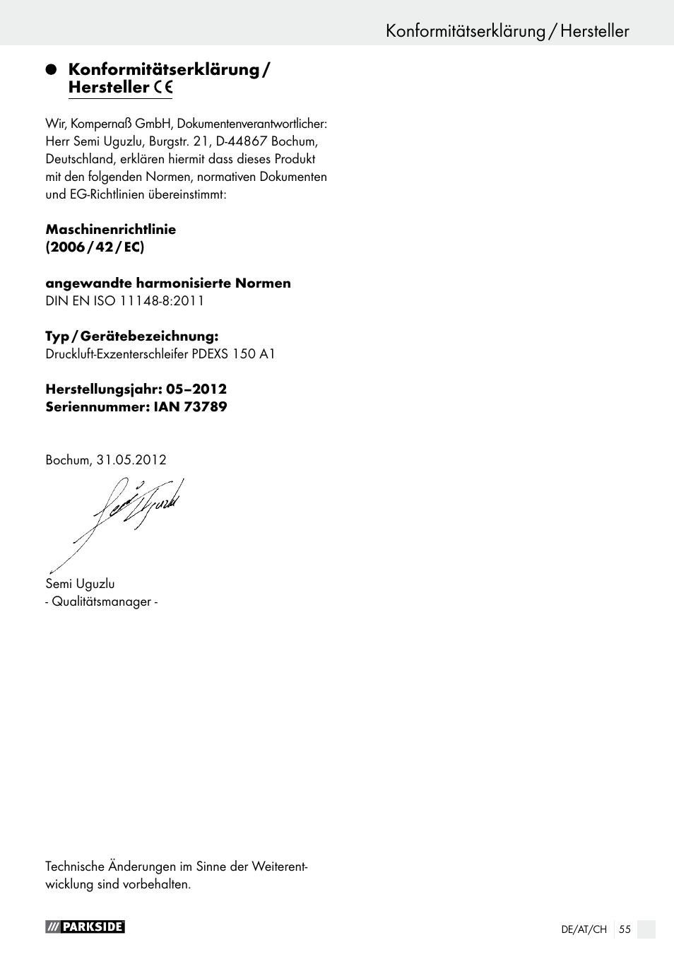 Konformitätserklärung / hersteller | Parkside PDEXS 150 A1 User Manual | Page 55 / 56