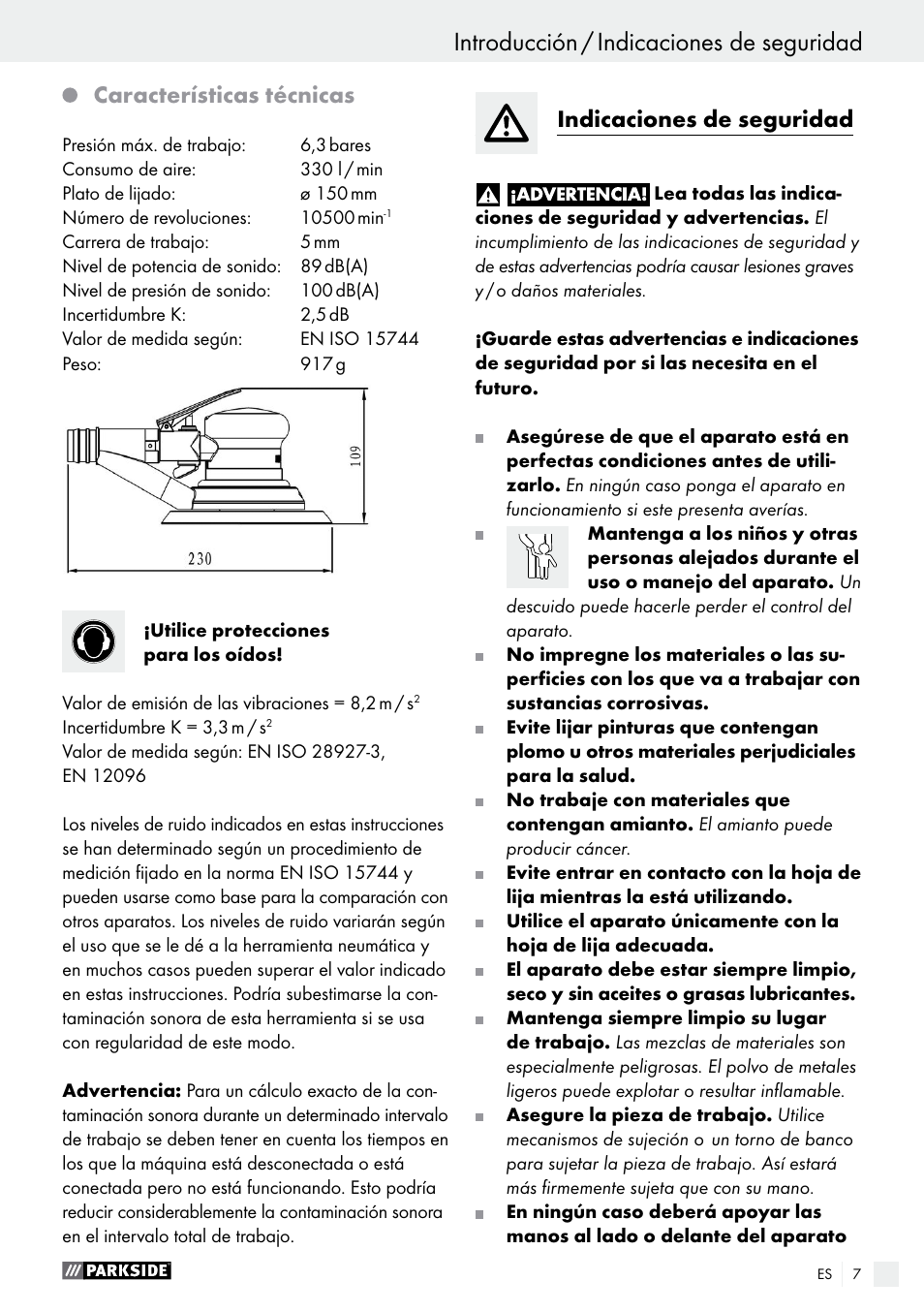 Características técnicas, Indicaciones de seguridad | Parkside PDEXS 150 A1 User Manual | Page 7 / 56
