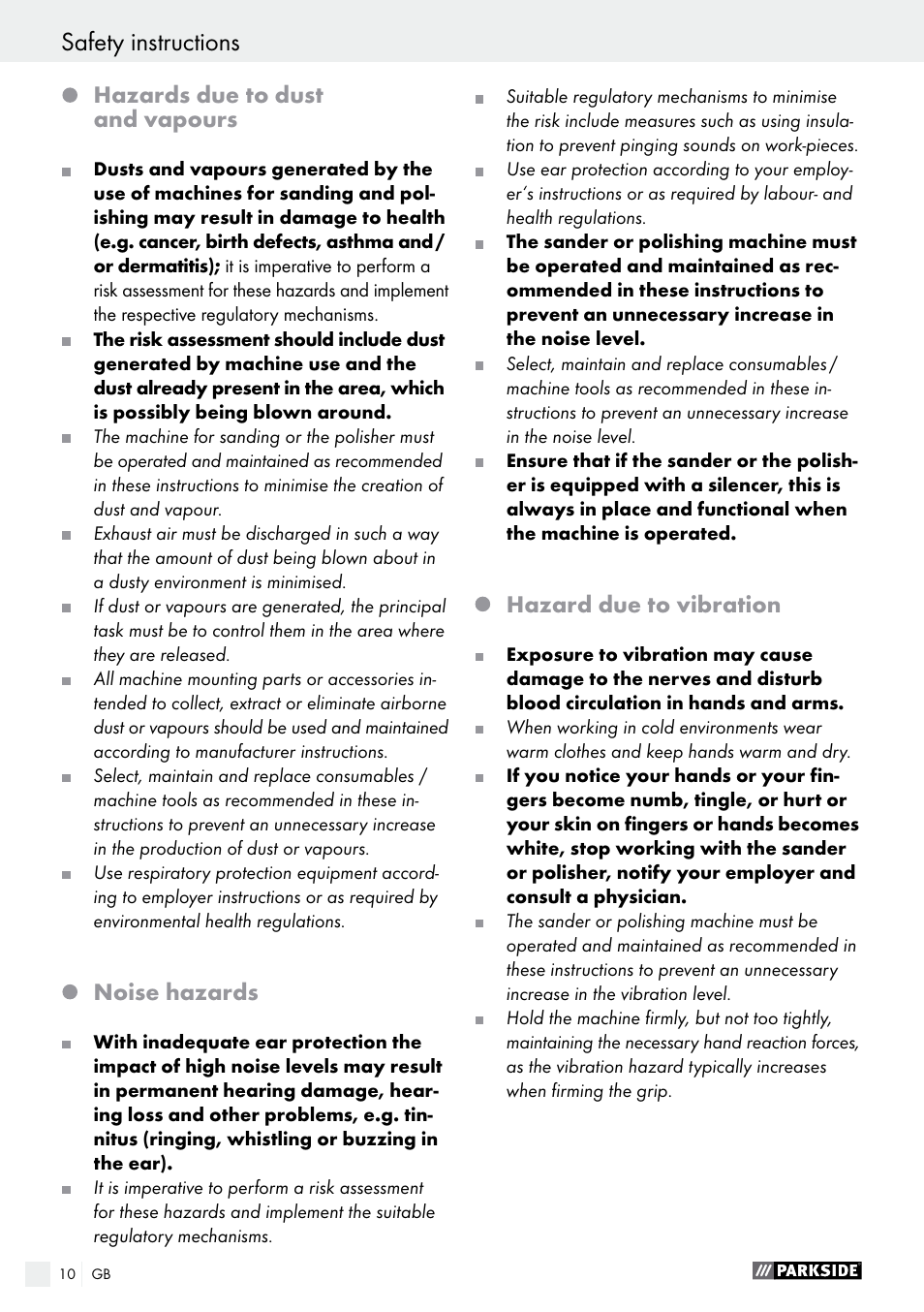 Hazards due to dust and vapours, Noise hazards, Hazard due to vibration | Parkside PDEXS 150 A1 User Manual | Page 10 / 78