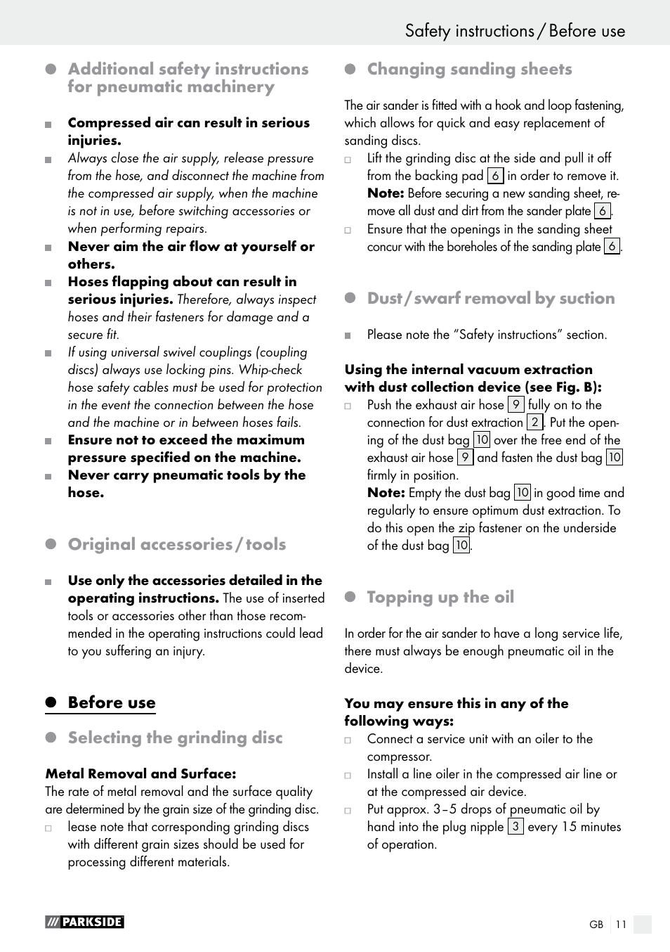 Original accessories / tools, Before use, Selecting the grinding disc | Changing sanding sheets, Dust / swarf removal by suction, Topping up the oil | Parkside PDEXS 150 A1 User Manual | Page 11 / 78