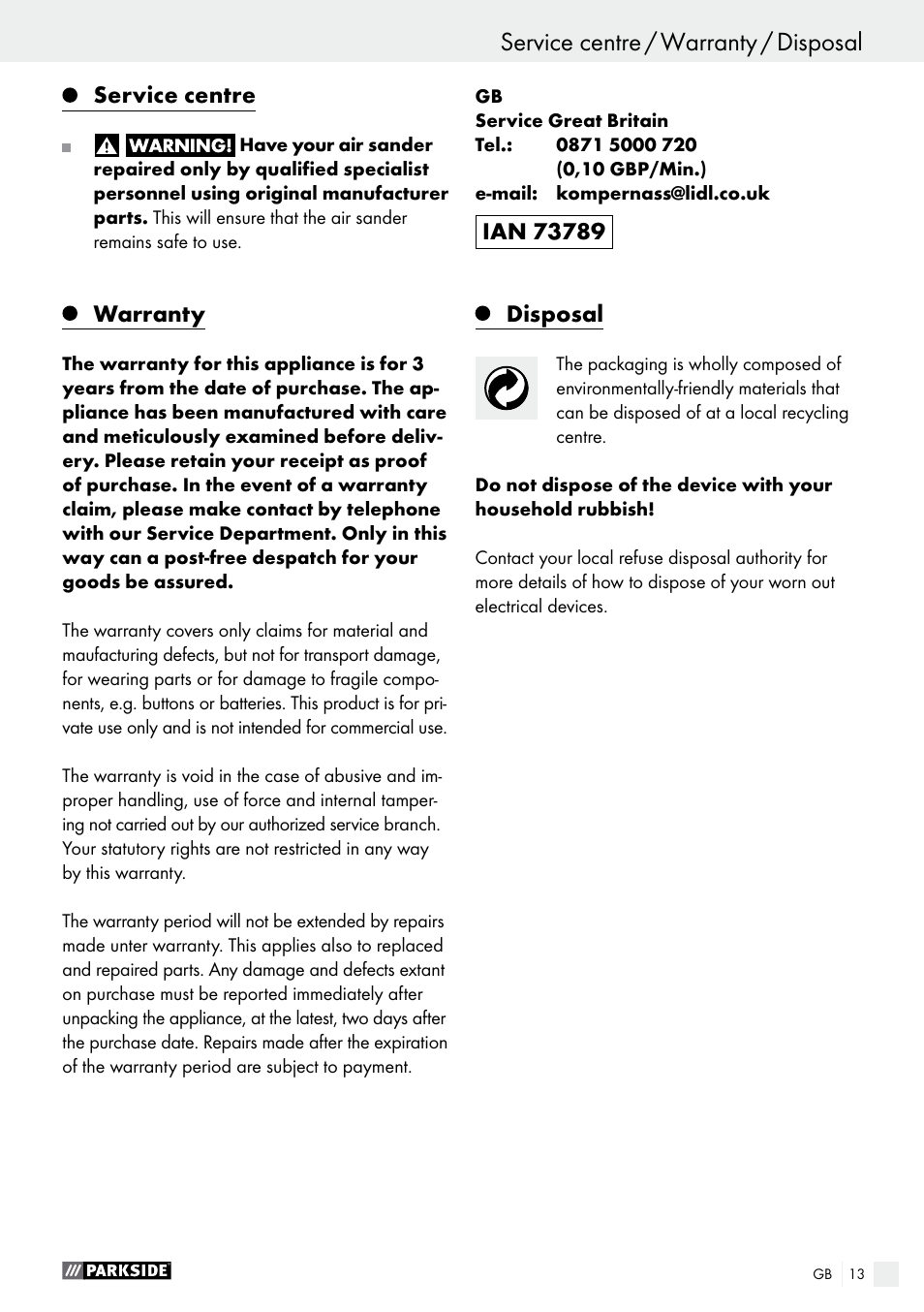 Sicherheit / bedienung, Service centre, Warranty | Disposal | Parkside PDEXS 150 A1 User Manual | Page 13 / 78