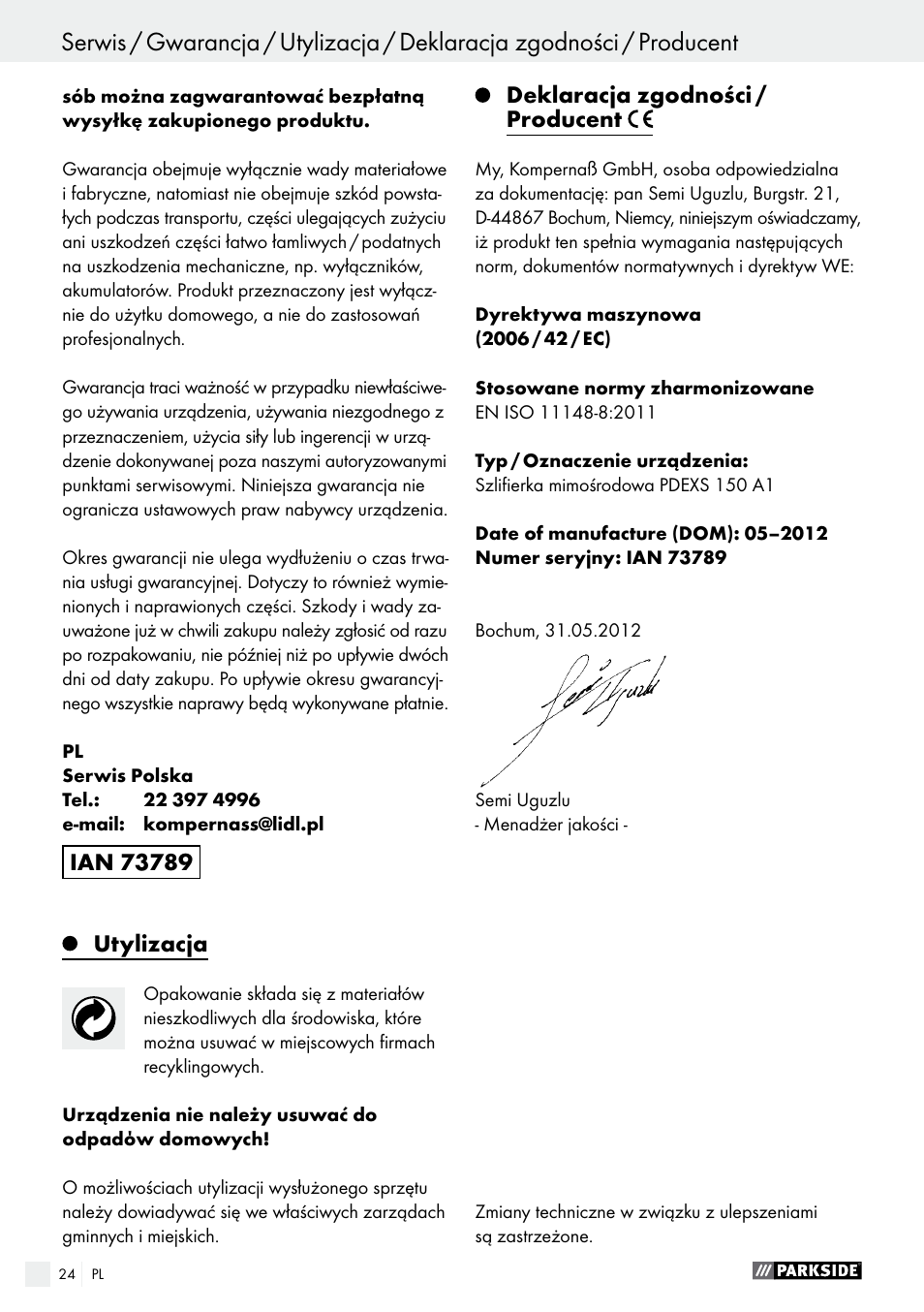 Tartalomjegyzék, Utylizacja, Deklaracja zgodności / producent | Parkside PDEXS 150 A1 User Manual | Page 24 / 78