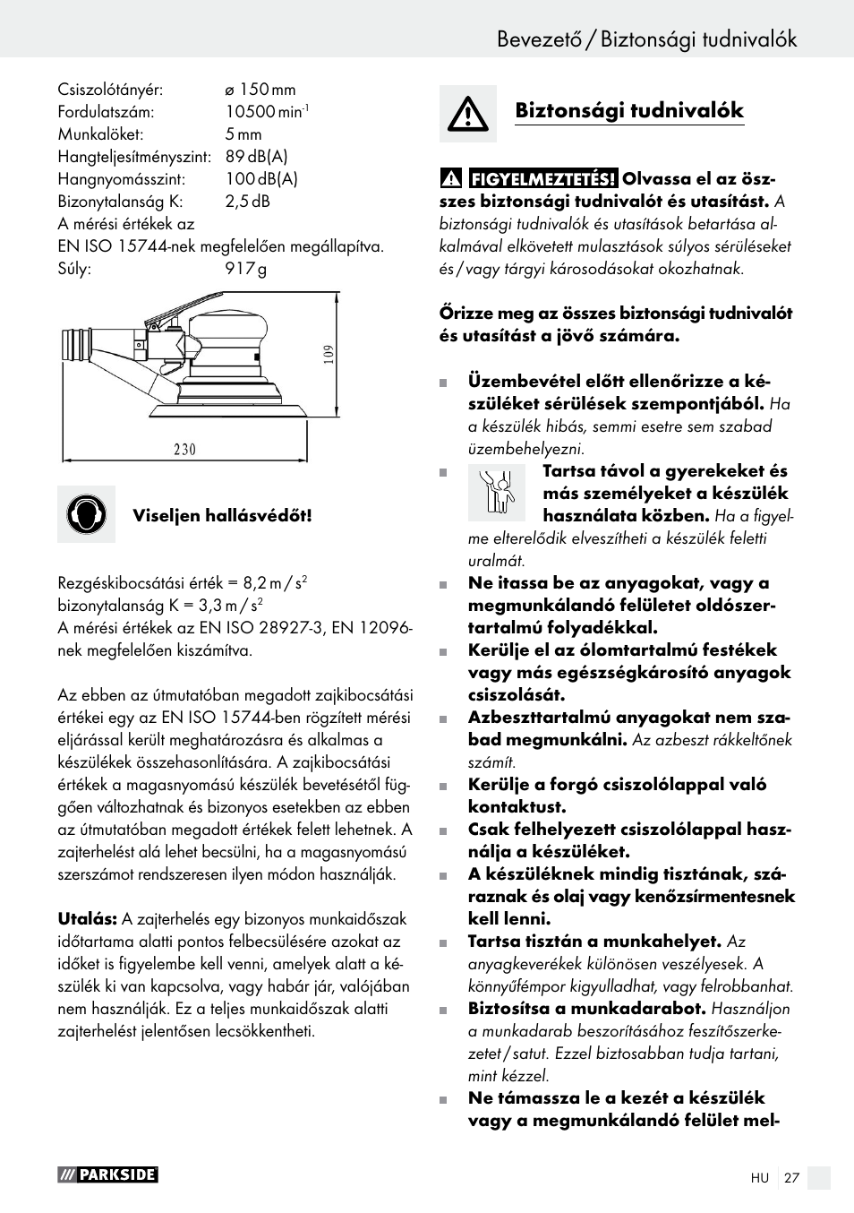 Bevezető bevezető / biztonsági tudnivalók, Biztonsági tudnivalók | Parkside PDEXS 150 A1 User Manual | Page 27 / 78