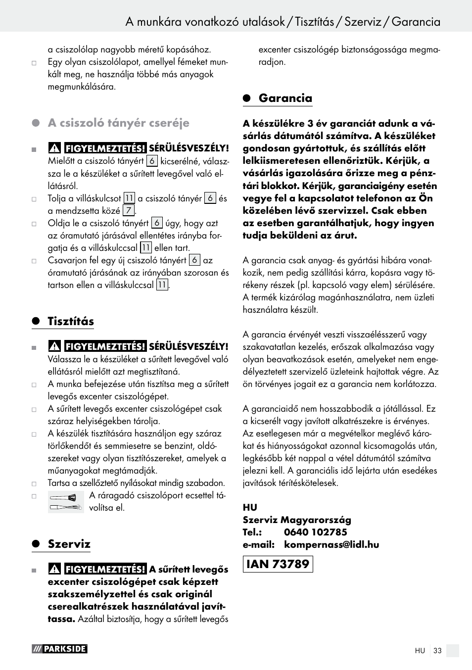 A csiszoló tányér cseréje, Tisztítás, Szerviz | Garancia | Parkside PDEXS 150 A1 User Manual | Page 33 / 78