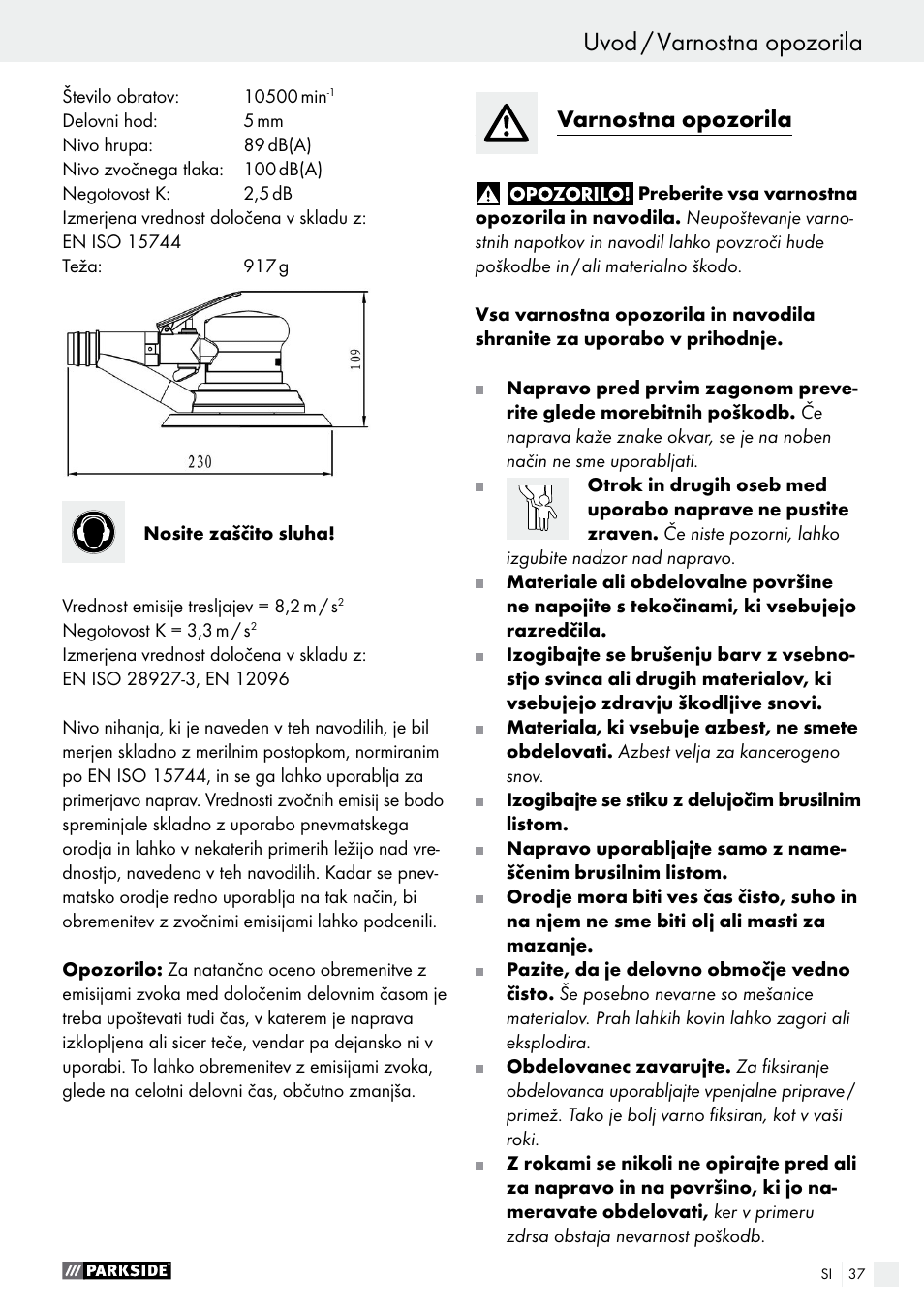 Uvod uvod / varnostna opozorila, Varnostna opozorila | Parkside PDEXS 150 A1 User Manual | Page 37 / 78