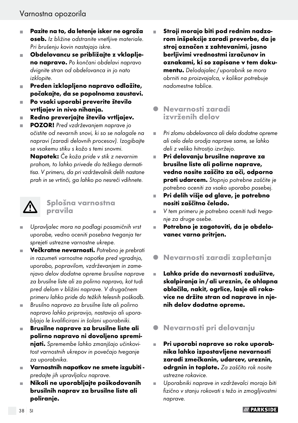 Varnostna opozorila | Parkside PDEXS 150 A1 User Manual | Page 38 / 78