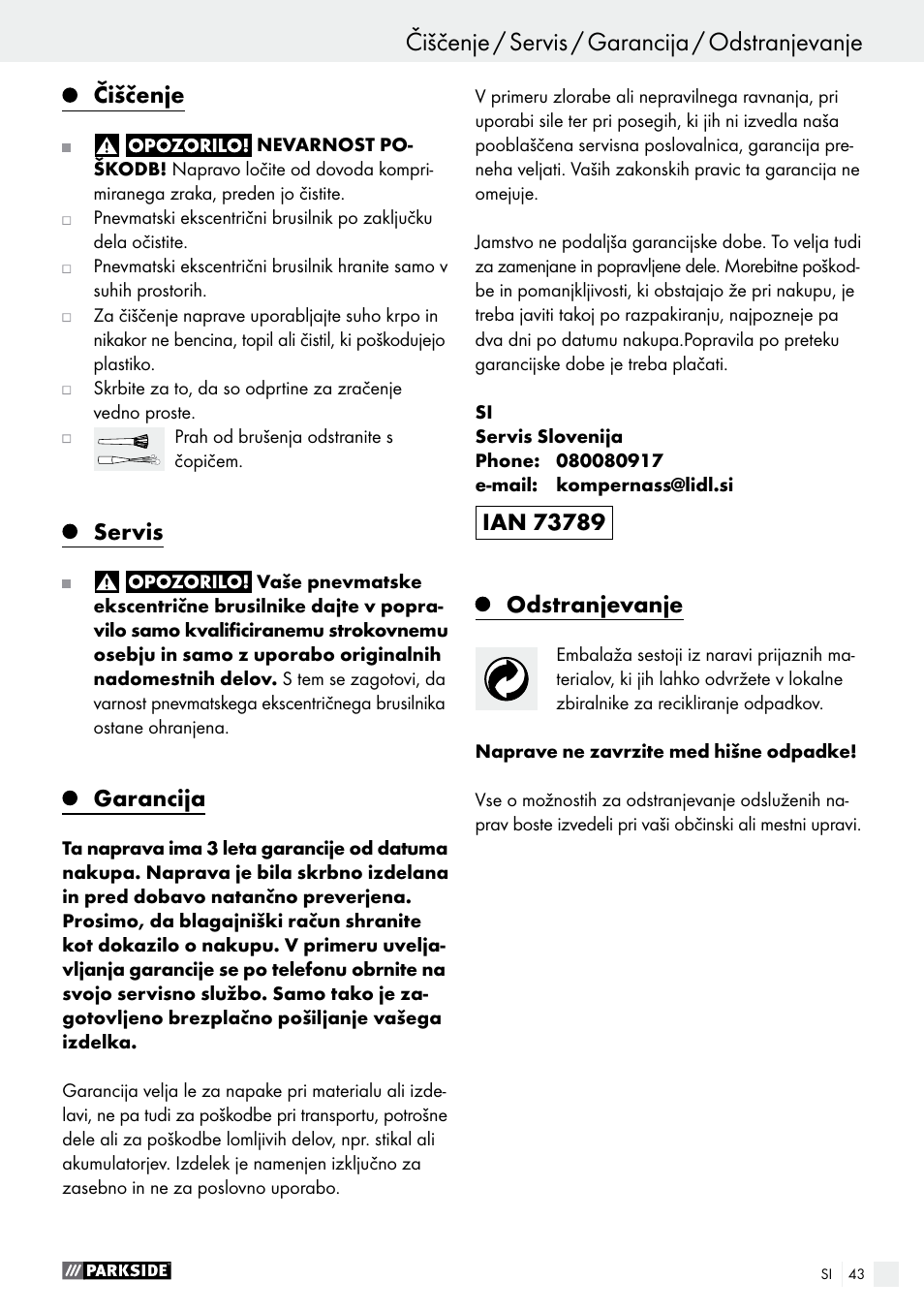 Čiščenje, Servis, Garancija | Odstranjevanje | Parkside PDEXS 150 A1 User Manual | Page 43 / 78