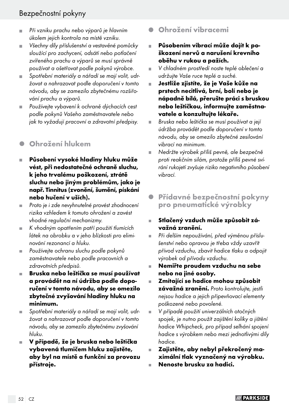 Bezpečnostní pokyny, Ohrožení hlukem, Ohrožení vibracemi | Parkside PDEXS 150 A1 User Manual | Page 52 / 78