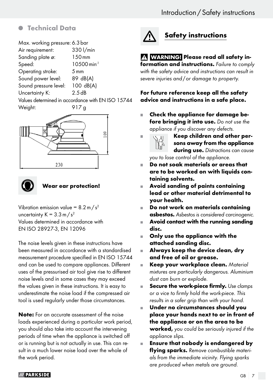 Introduction introduction / safety instructions, Technical data, Safety instructions | Parkside PDEXS 150 A1 User Manual | Page 7 / 78