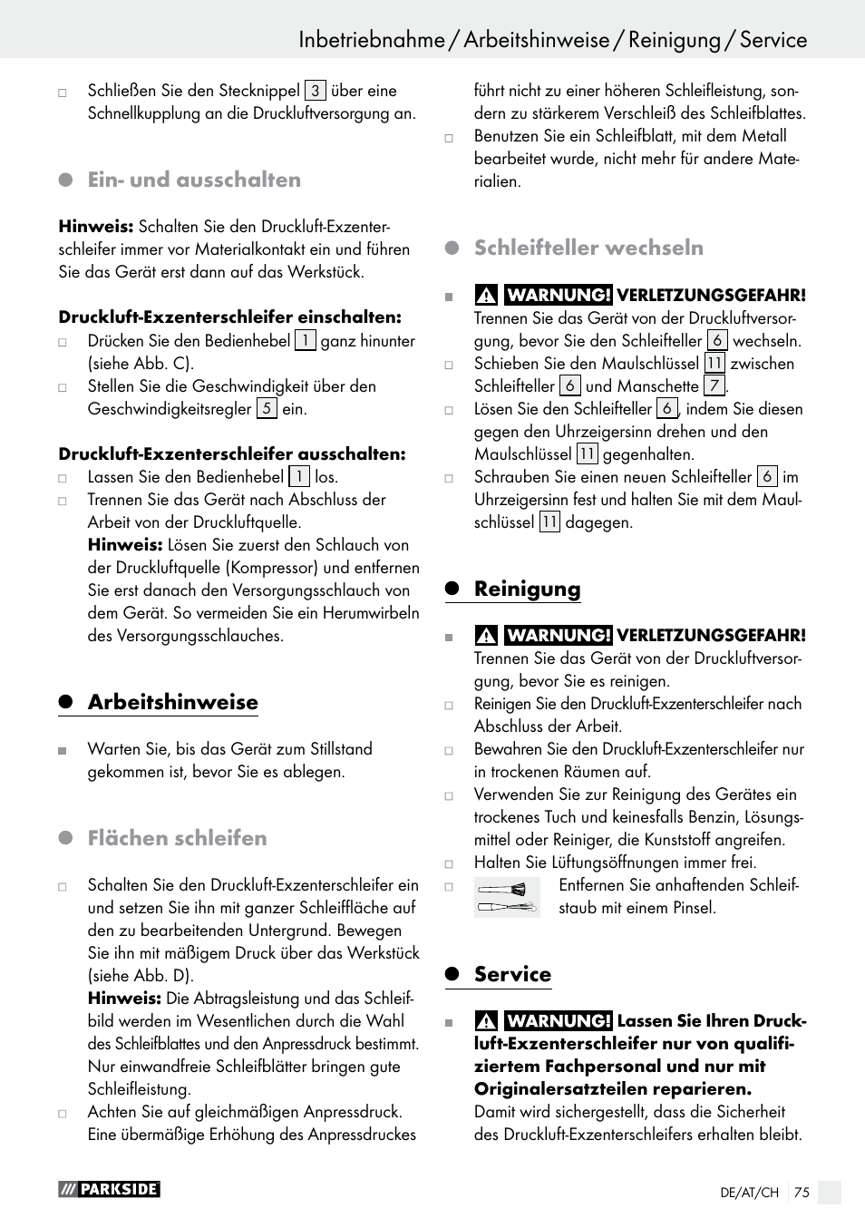 Ein- und ausschalten, Arbeitshinweise, Flächen schleifen | Schleifteller wechseln, Reinigung, Service | Parkside PDEXS 150 A1 User Manual | Page 75 / 78