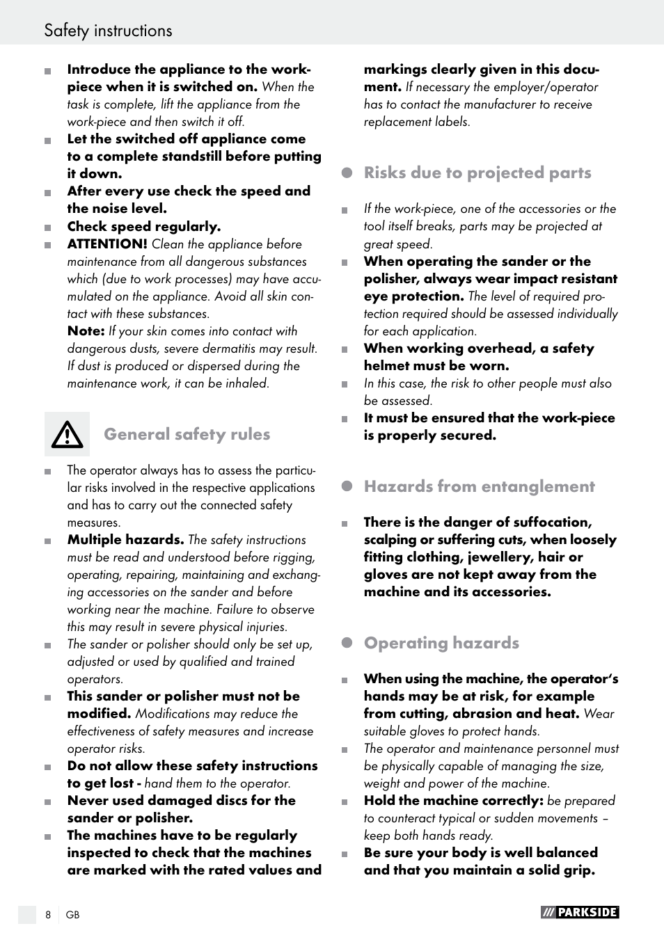 Safety instructions, General safety rules, Risks due to projected parts | Hazards from entanglement, Operating hazards | Parkside PDEXS 150 A1 User Manual | Page 8 / 78
