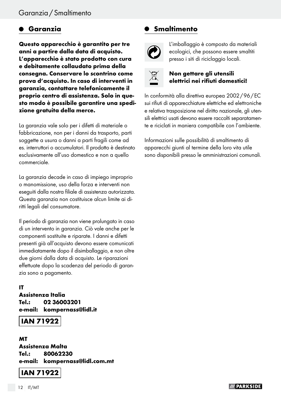 Dichiarazione di conformità / fabbricante, Garanzia / smaltimento | Parkside PEXS 270 A1 User Manual | Page 12 / 32