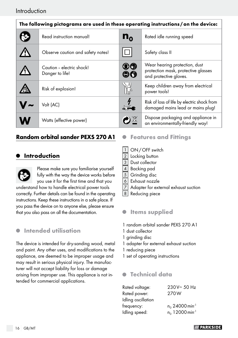 Random orbital sander pexs 270 a1, Introduction, Intended utilisation | Features and fittings, Items supplied, Technical data | Parkside PEXS 270 A1 User Manual | Page 16 / 32