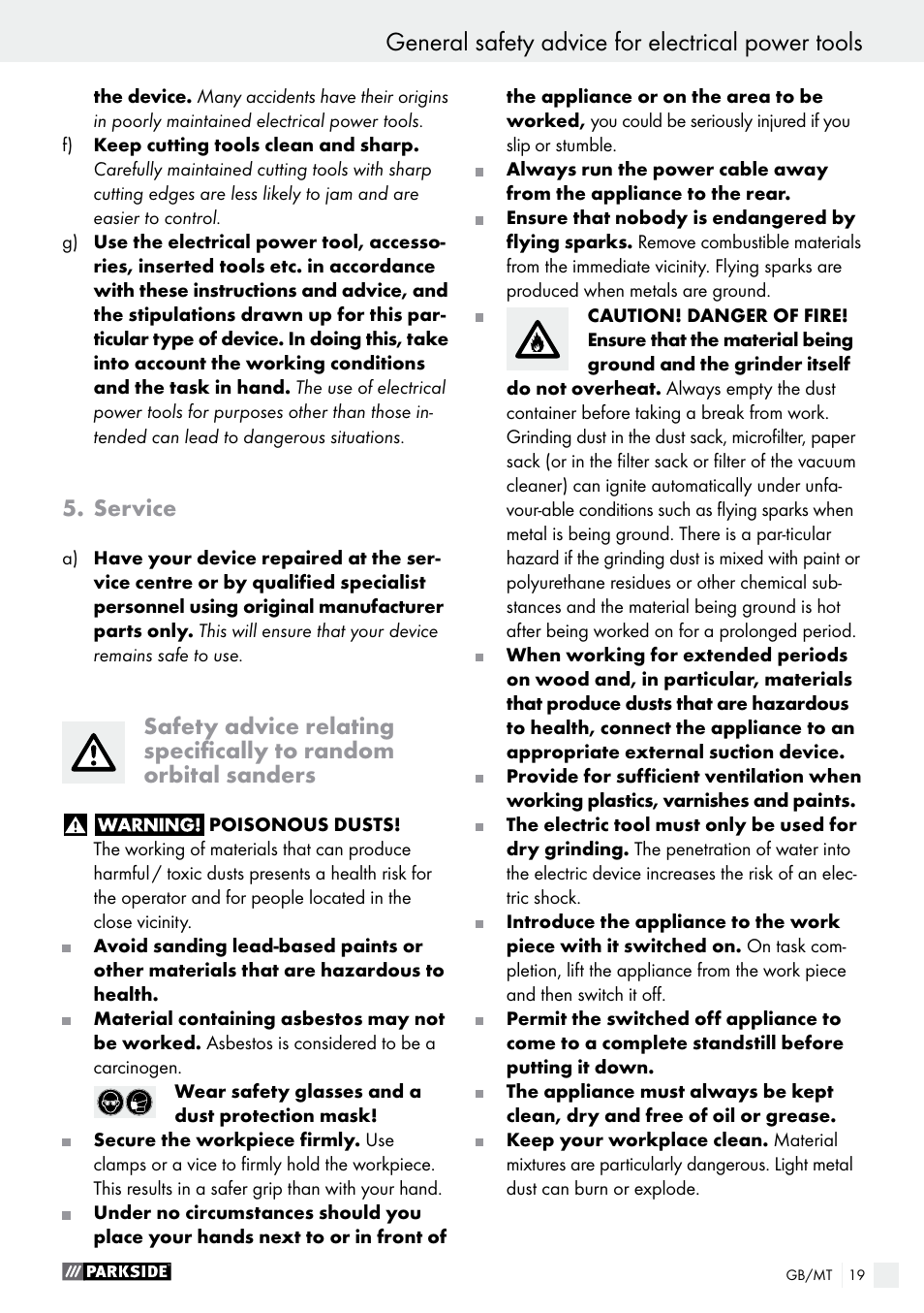 General safety advice for electrical power tools, Service | Parkside PEXS 270 A1 User Manual | Page 19 / 32