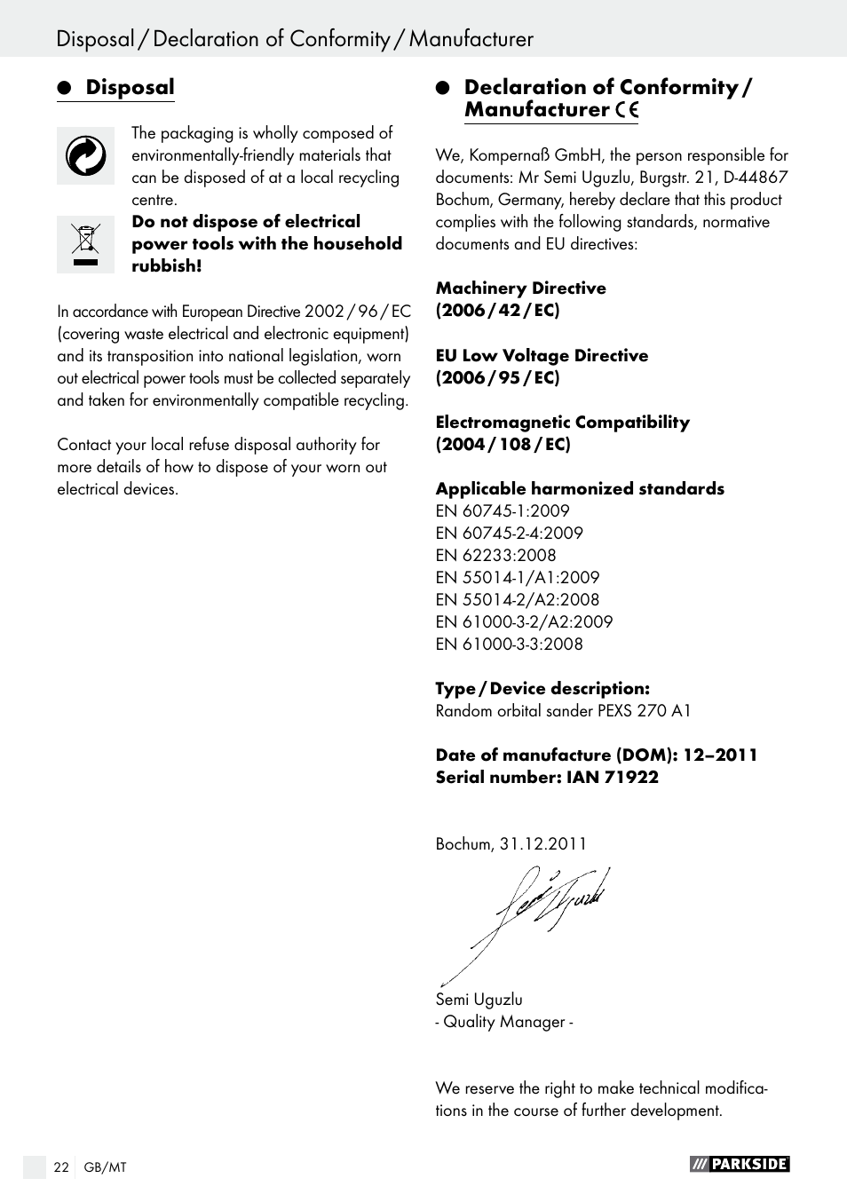 Parkside PEXS 270 A1 User Manual | Page 22 / 32