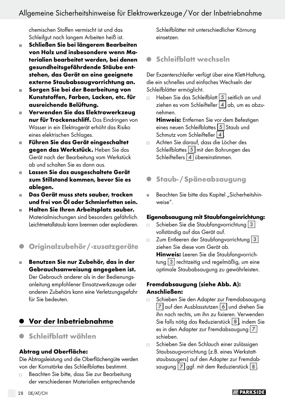 Originalzubehör / -zusatzgeräte, Vor der inbetriebnahme, Schleifblatt wählen | Schleifblatt wechseln, Staub- / späneabsaugung | Parkside PEXS 270 A1 User Manual | Page 28 / 32