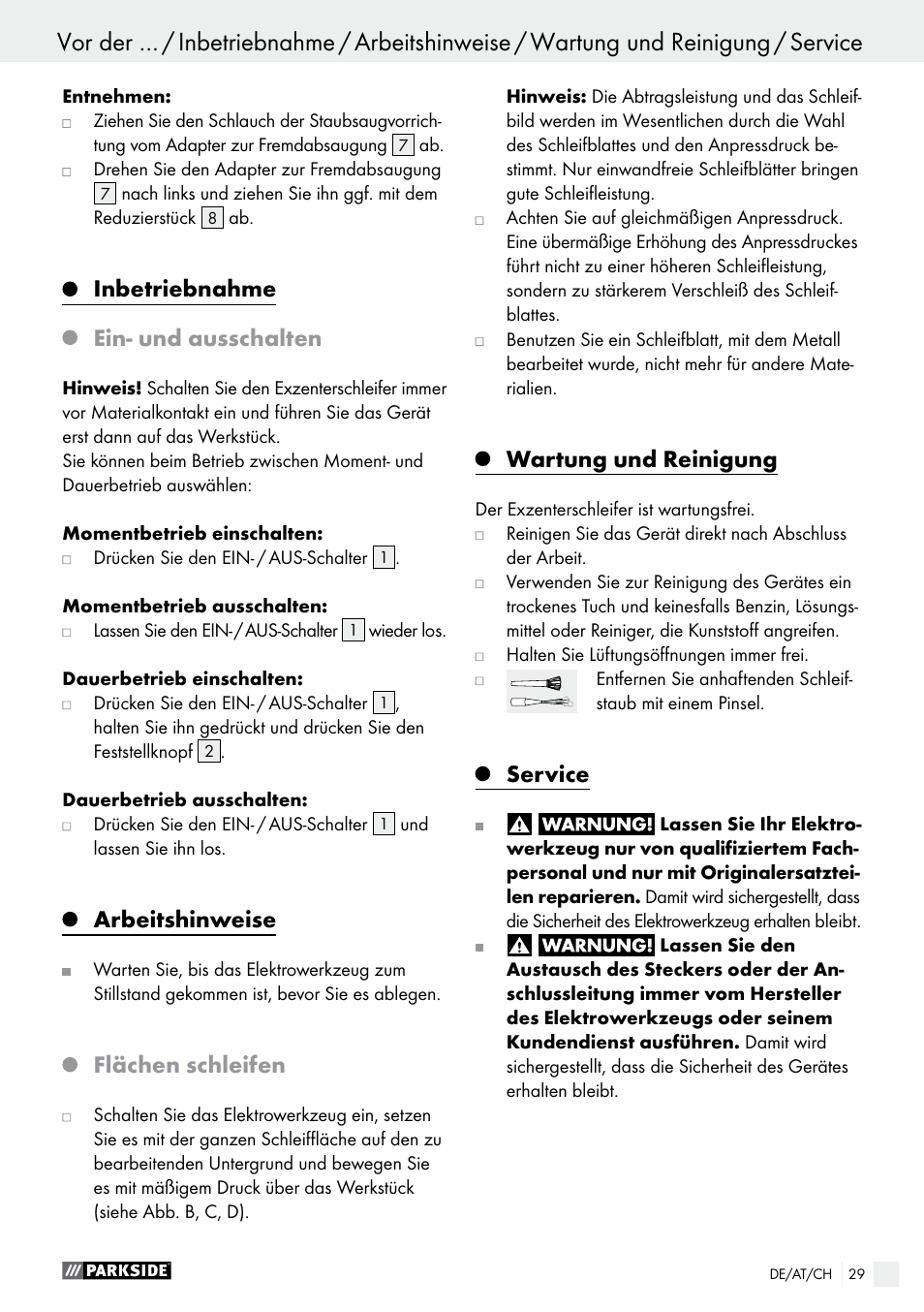 Inbetriebnahme, Ein- und ausschalten, Arbeitshinweise | Flächen schleifen, Wartung und reinigung, Service | Parkside PEXS 270 A1 User Manual | Page 29 / 32