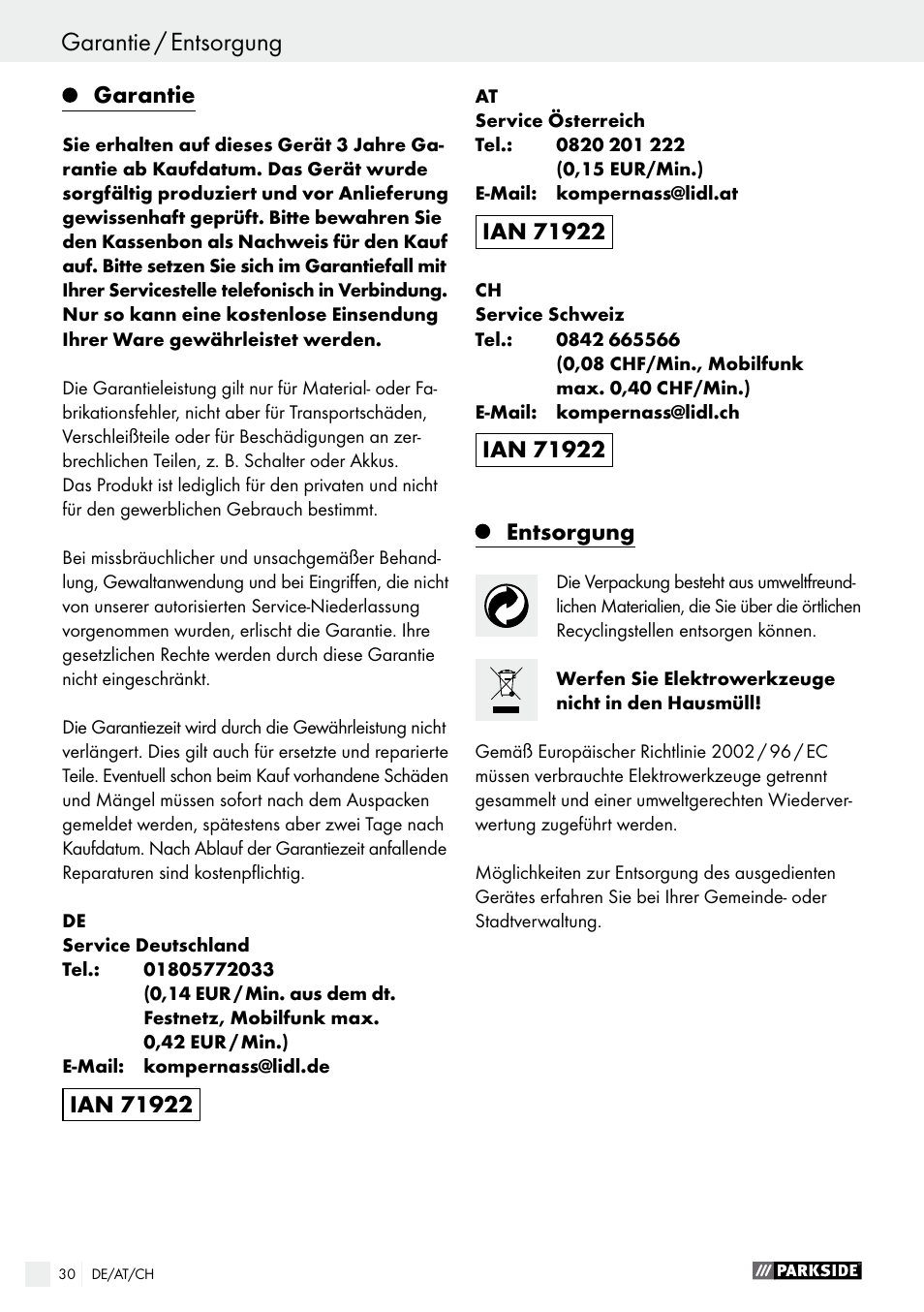 Garantie / entsorgung, Garantie, Entsorgung | Parkside PEXS 270 A1 User Manual | Page 30 / 32