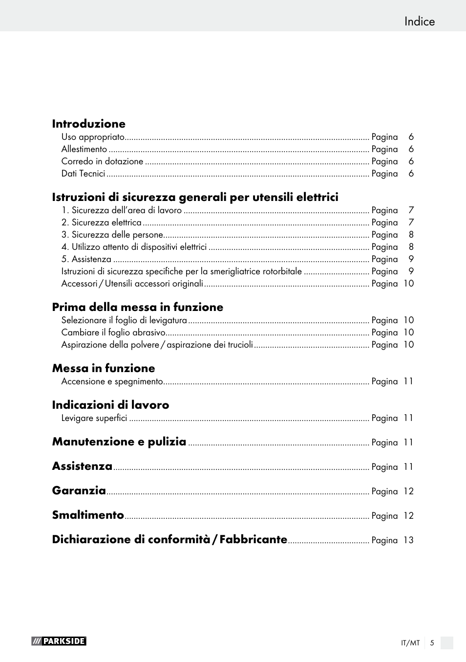 Indice | Parkside PEXS 270 A1 User Manual | Page 5 / 32