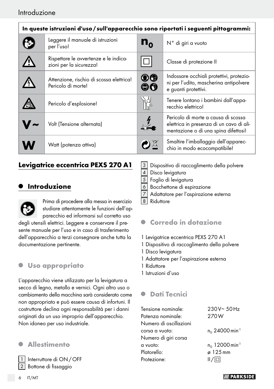 Introduzione, Levigatrice eccentrica pexs 270 a1, Uso appropriato | Allestimento, Corredo in dotazione, Dati tecnici | Parkside PEXS 270 A1 User Manual | Page 6 / 32