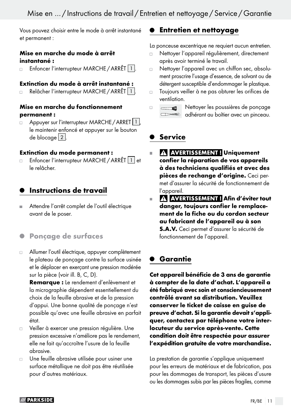 Instructions de travail, Ponçage de surfaces, Entretien et nettoyage | Service, Garantie | Parkside PEXS 270 A1 User Manual | Page 11 / 43