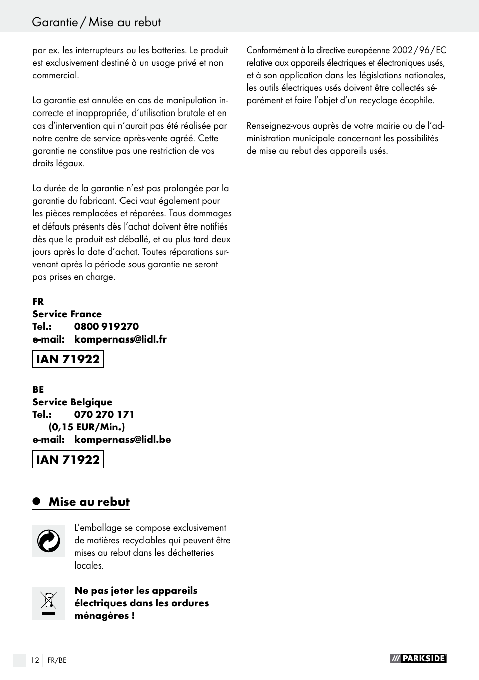 Garantie / mise au rebut, Mise au rebut | Parkside PEXS 270 A1 User Manual | Page 12 / 43