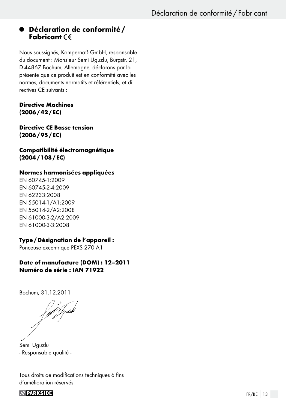 Déclaration de conformité / fabricant, Garantie / mise au rebut | Parkside PEXS 270 A1 User Manual | Page 13 / 43