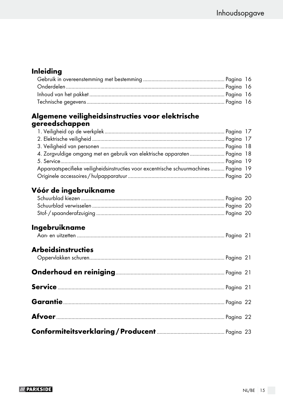 Inhoudsopgave | Parkside PEXS 270 A1 User Manual | Page 15 / 43