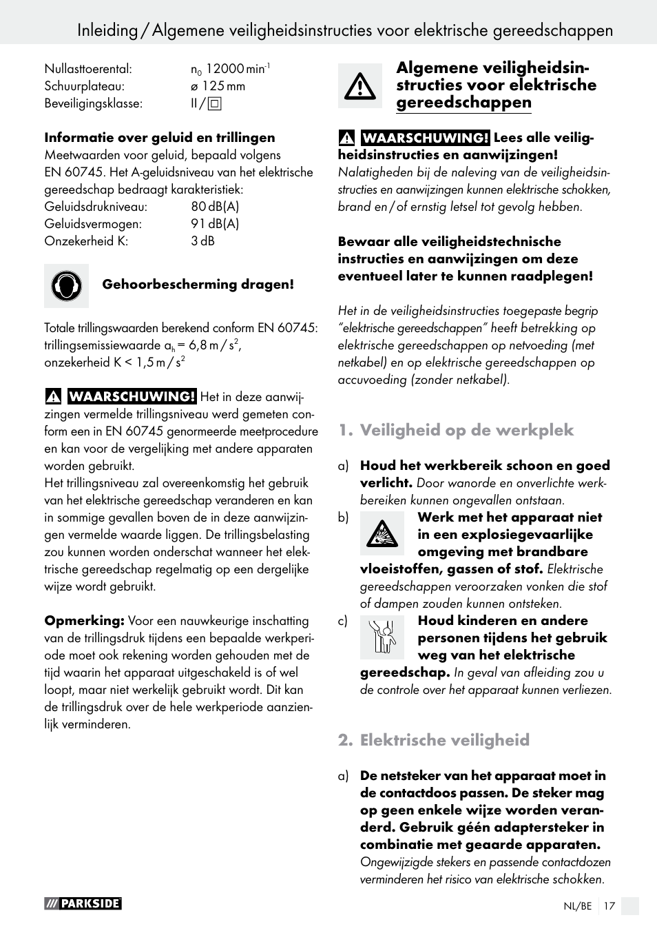 Veiligheid op de werkplek, Elektrische veiligheid | Parkside PEXS 270 A1 User Manual | Page 17 / 43