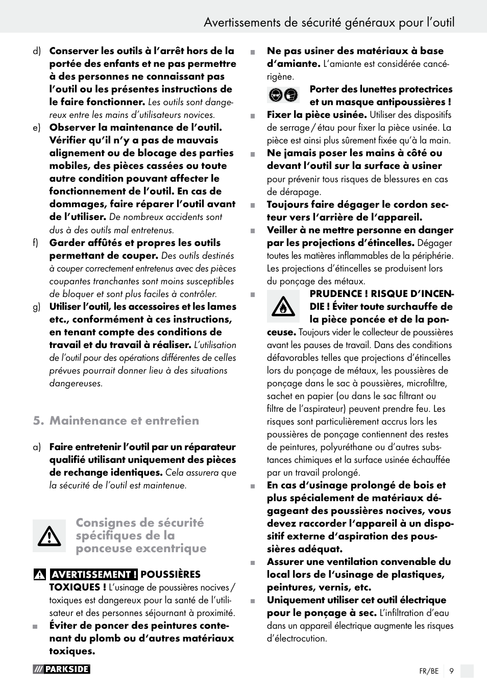 Avertissements de sécurité généraux pour l’outil, Maintenance et entretien | Parkside PEXS 270 A1 User Manual | Page 9 / 43