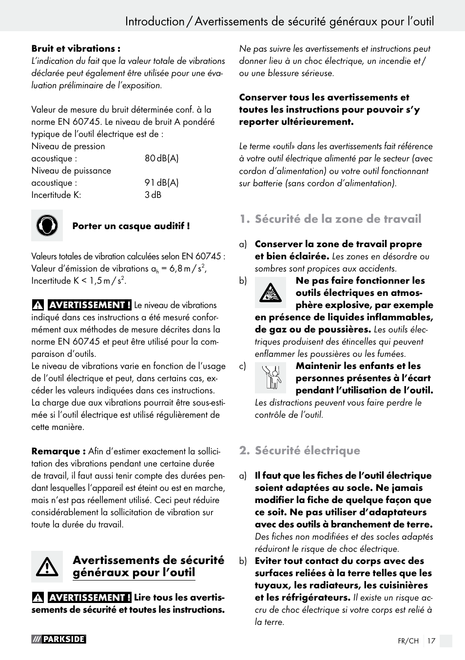 Avertissements de sécurité généraux pour l’outil, Sécurité de la zone de travail, Sécurité électrique | Parkside PEXS 270 A1 User Manual | Page 17 / 43