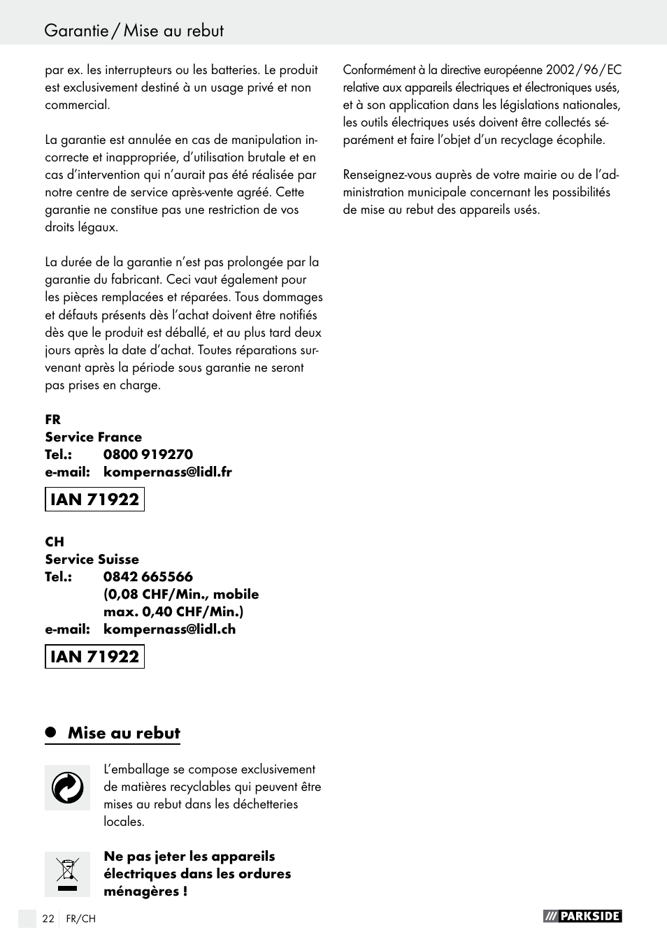 Garantie / mise au rebut, Mise au rebut | Parkside PEXS 270 A1 User Manual | Page 22 / 43