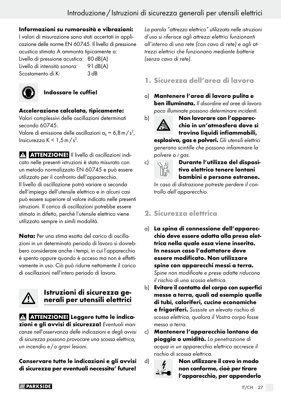 Sicurezza dell’area di lavoro, Sicurezza elettrica | Parkside PEXS 270 A1 User Manual | Page 27 / 43