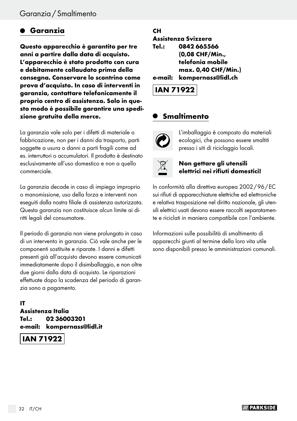 Garanzia / smaltimento, Garanzia, Smaltimento | Parkside PEXS 270 A1 User Manual | Page 32 / 43