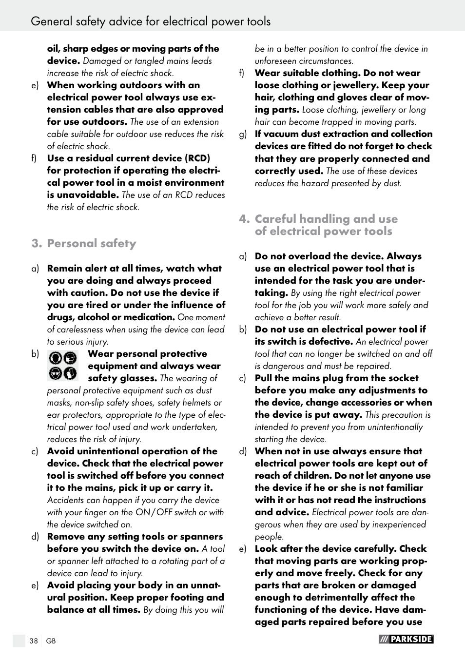 General safety advice for electrical power tools, Personal safety, Careful handling and use of electrical power tools | Parkside PEXS 270 A1 User Manual | Page 38 / 43