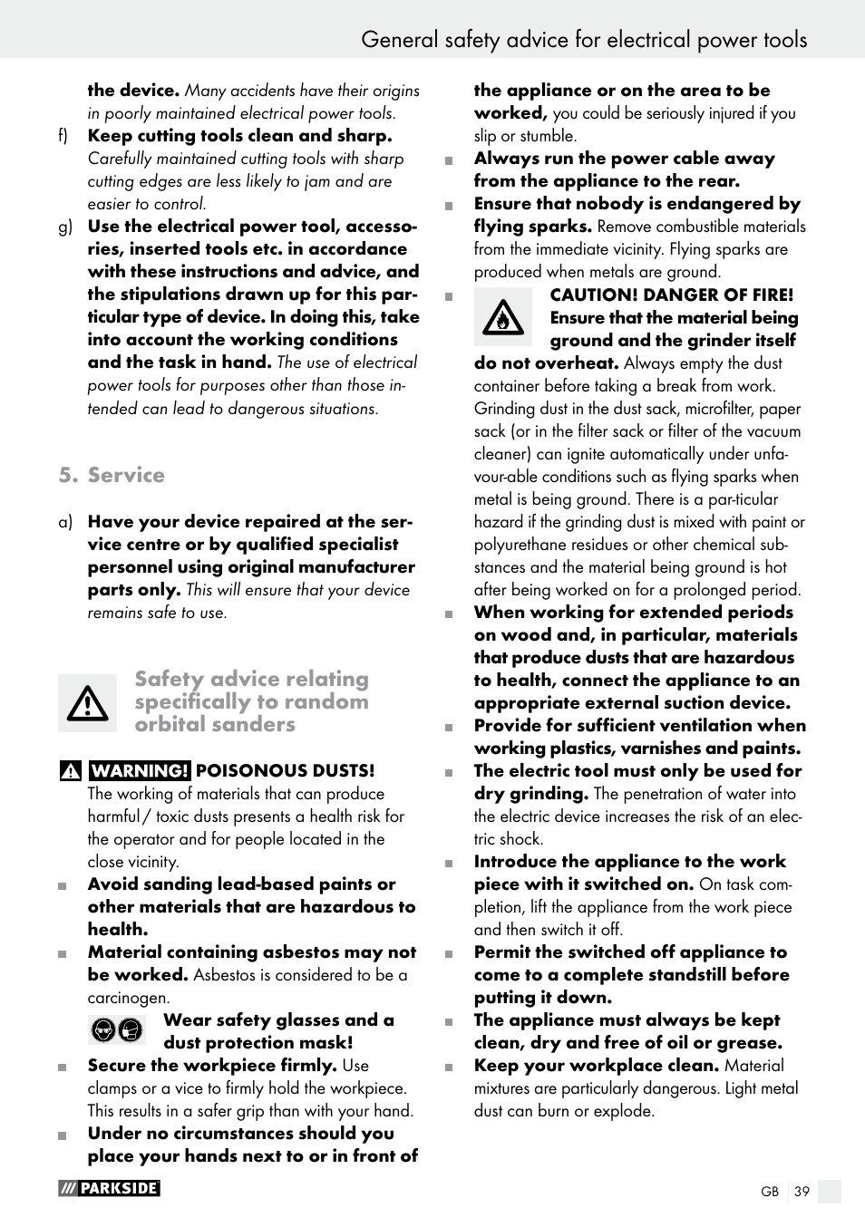 General safety advice for electrical power tools, Service | Parkside PEXS 270 A1 User Manual | Page 39 / 43