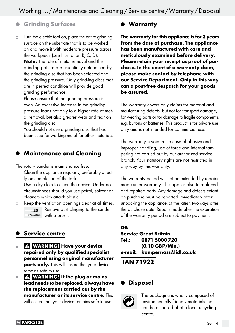 Grinding surfaces, Maintenance and cleaning, Service centre | Warranty, Disposal | Parkside PEXS 270 A1 User Manual | Page 41 / 43