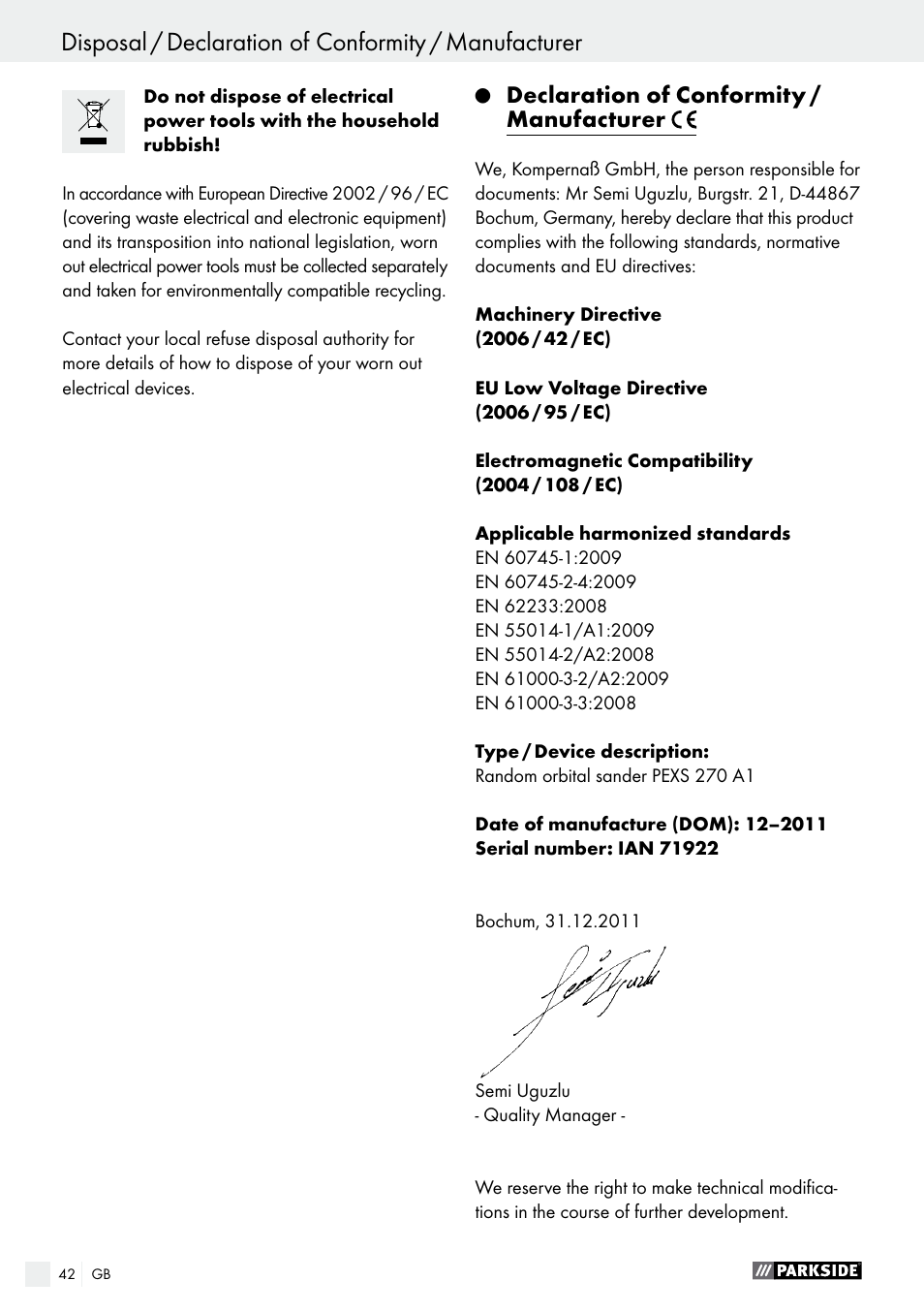 Declaration of conformity / manufacturer | Parkside PEXS 270 A1 User Manual | Page 42 / 43