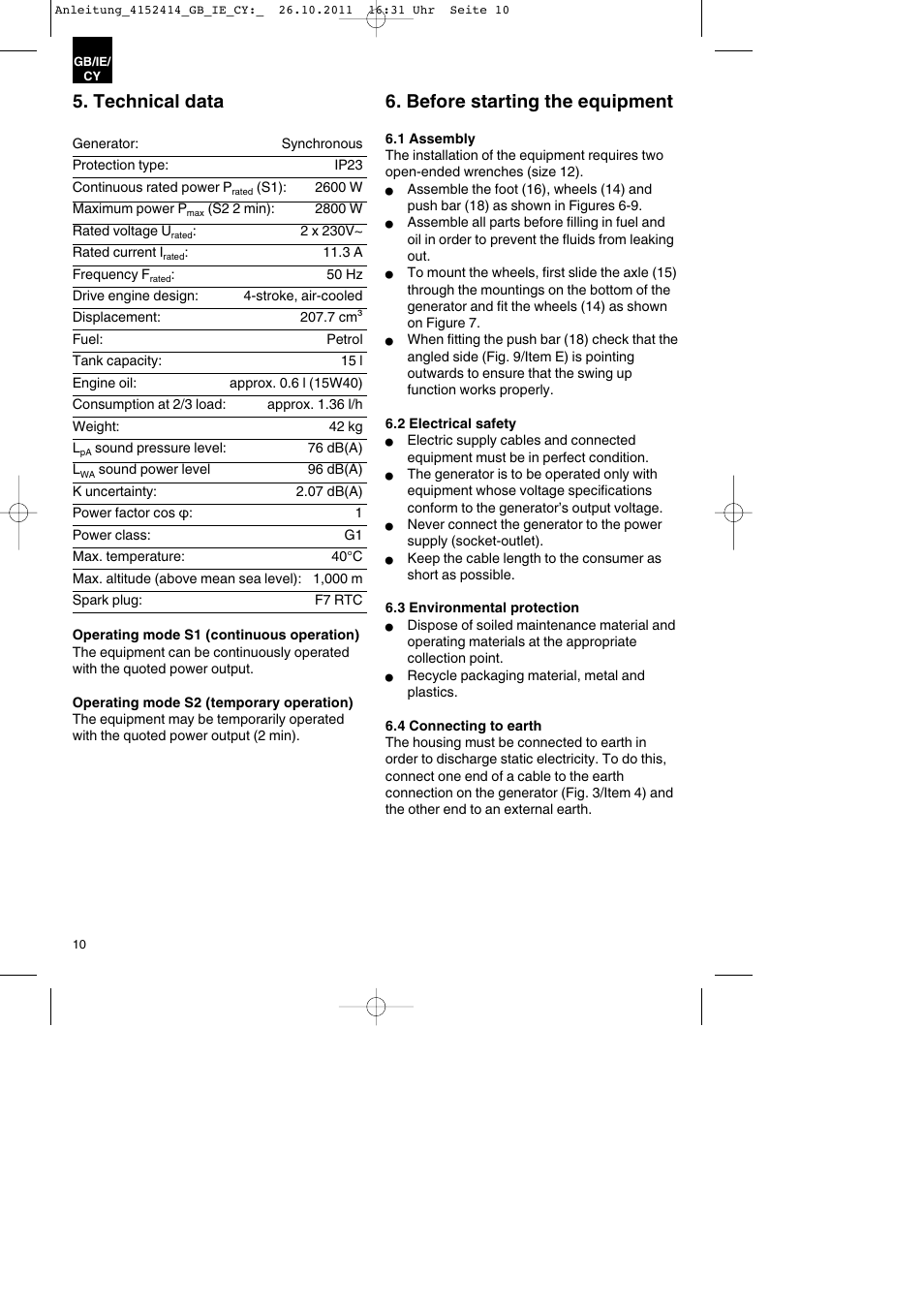 Technical data, Before starting the equipment | Parkside PSE 2800 A1 User Manual | Page 10 / 32