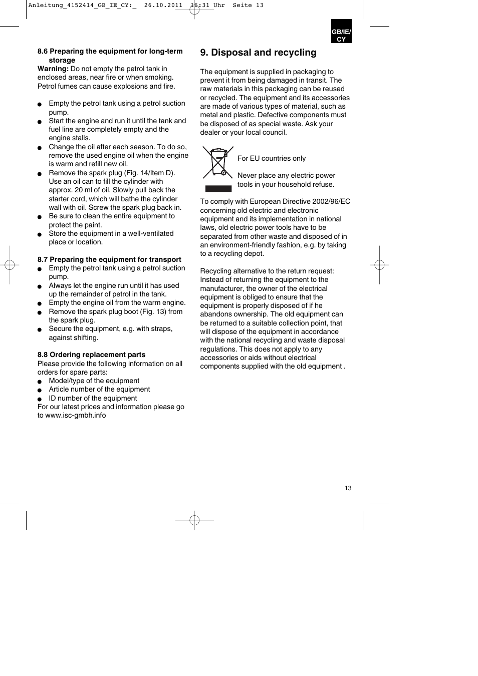 Disposal and recycling | Parkside PSE 2800 A1 User Manual | Page 13 / 32