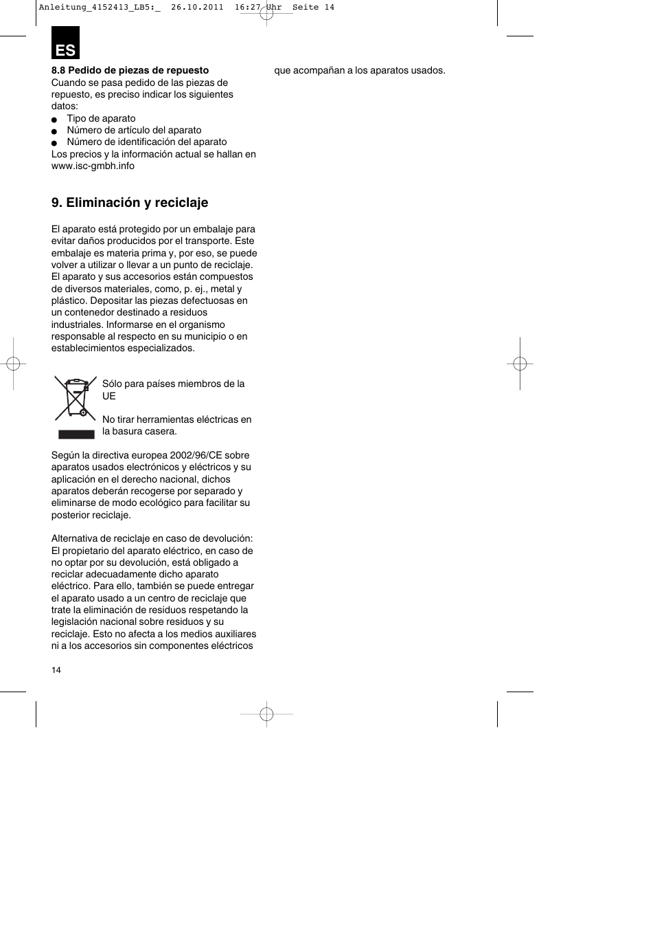 Eliminación y reciclaje | Parkside PSE 2800 A1 User Manual | Page 14 / 68