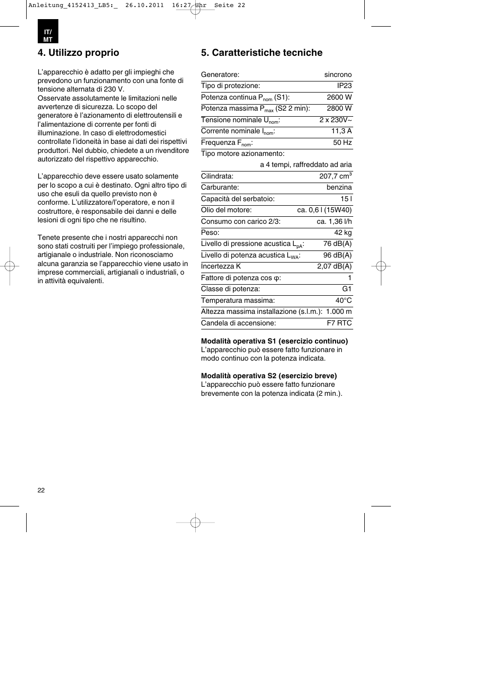 Utilizzo proprio, Caratteristiche tecniche | Parkside PSE 2800 A1 User Manual | Page 22 / 68