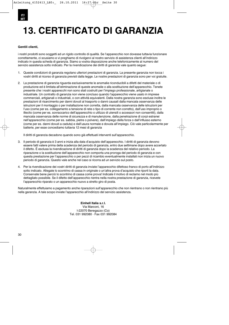 Certificato di garanzia | Parkside PSE 2800 A1 User Manual | Page 30 / 68