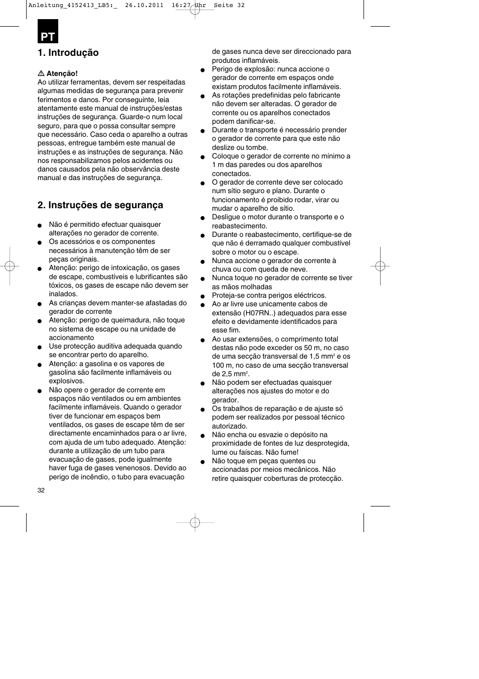 Introdução, Instruções de segurança | Parkside PSE 2800 A1 User Manual | Page 32 / 68