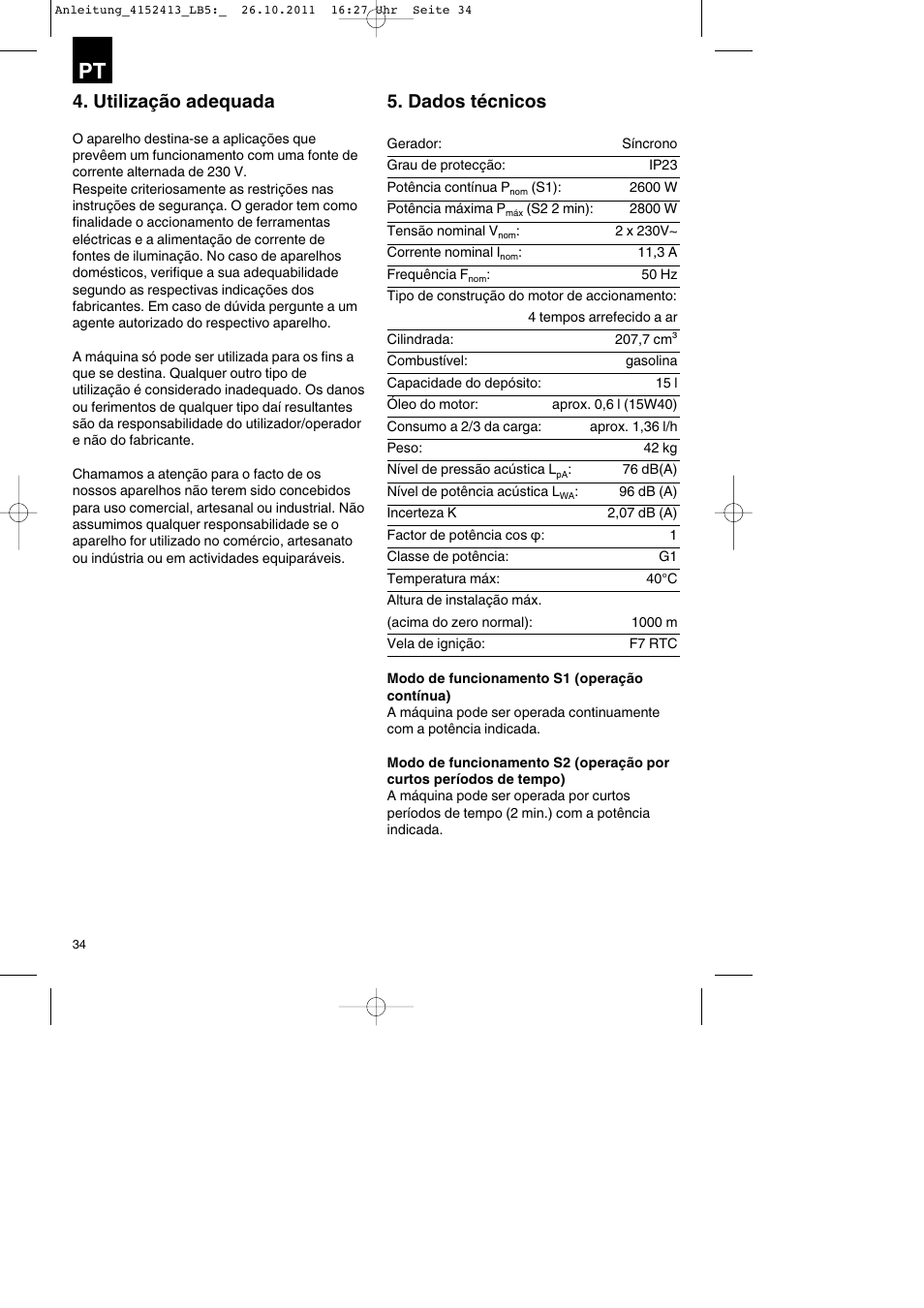 Utilização adequada, Dados técnicos | Parkside PSE 2800 A1 User Manual | Page 34 / 68