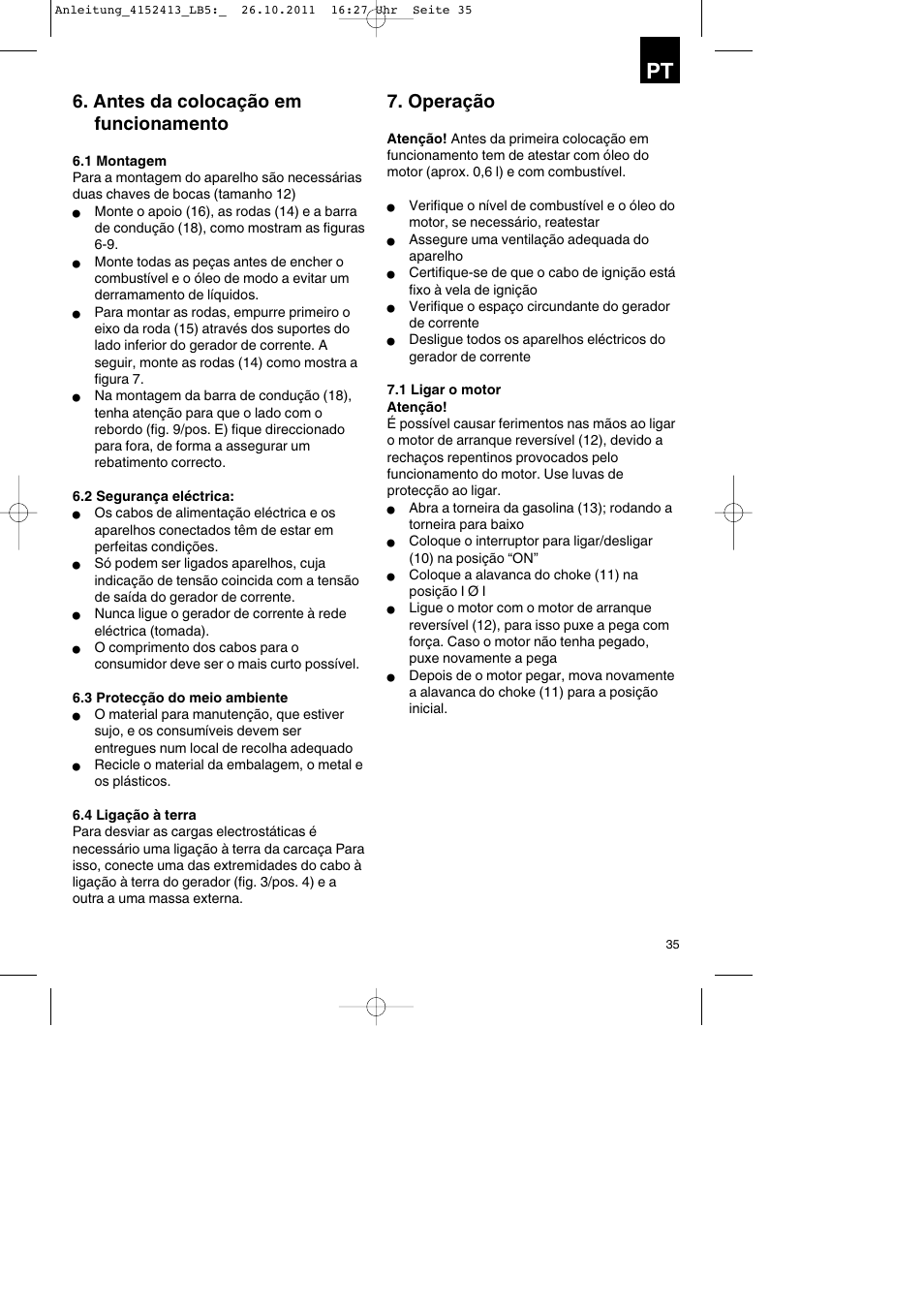 Antes da colocação em funcionamento, Operação | Parkside PSE 2800 A1 User Manual | Page 35 / 68