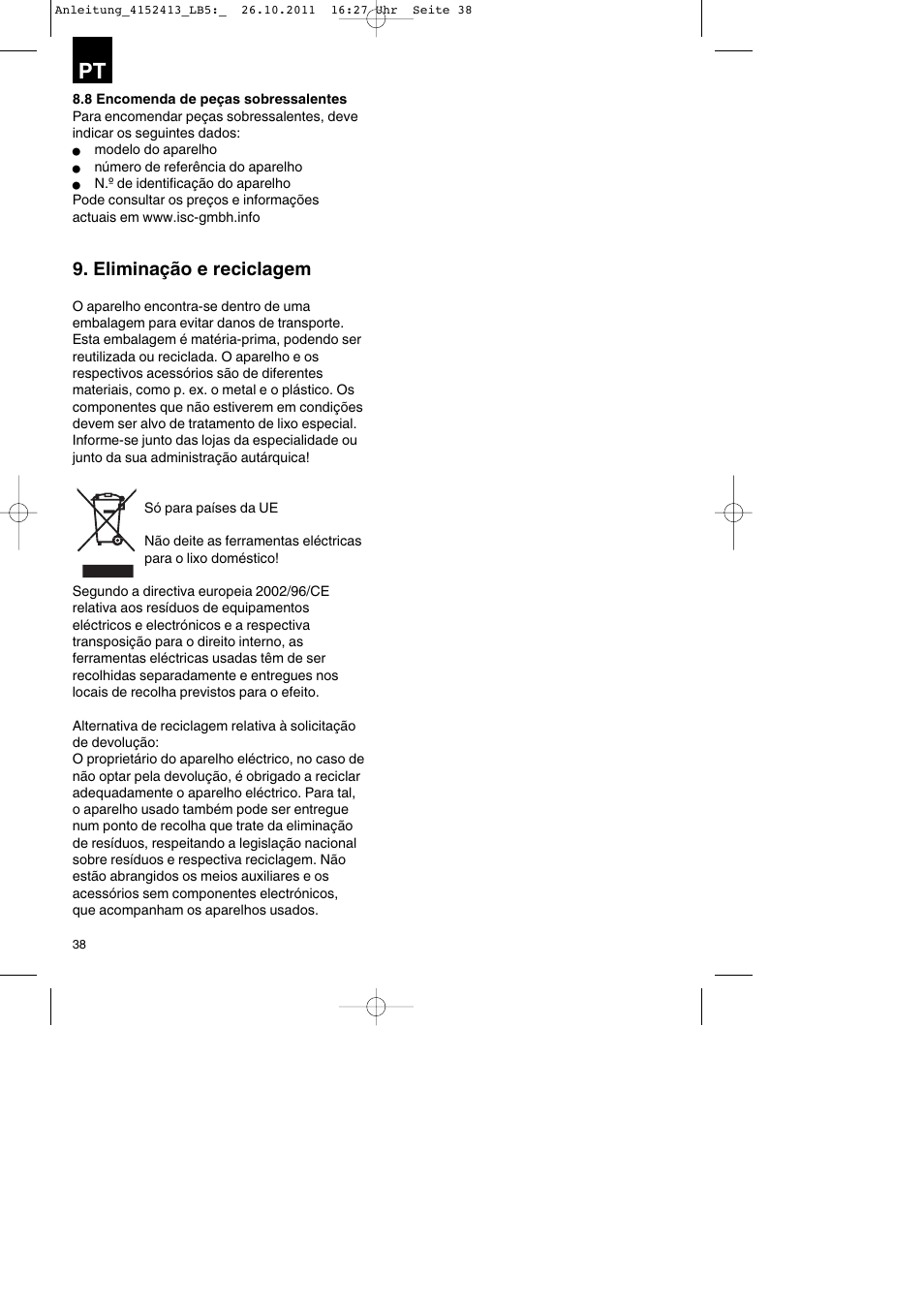 Eliminação e reciclagem | Parkside PSE 2800 A1 User Manual | Page 38 / 68